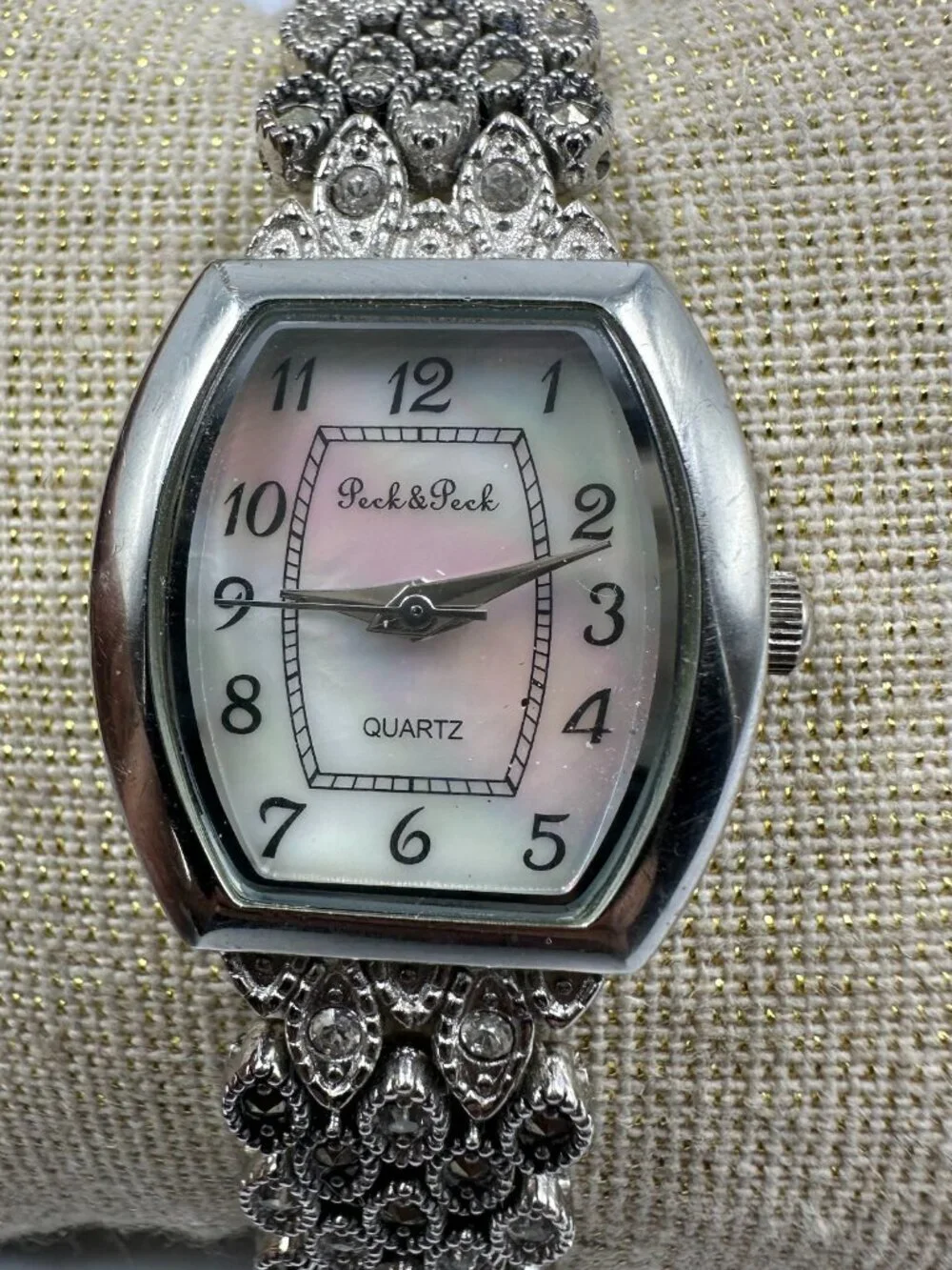 Peck & Peck Watch Silver Tone Marcasite Band MOP Dial New Battery 7 Inch
